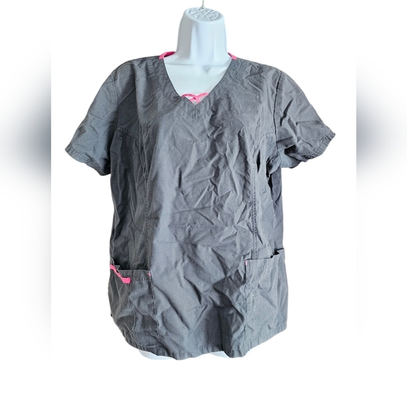 Buttersoft gray and pink size large scrub top 3 pockets gently used - Picture 1 of 2